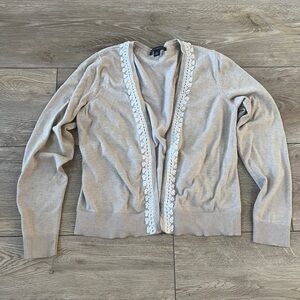 Banana Republic Tan Beige Cotton Knit Open Front Cardigan Lace Crochet Trim XL